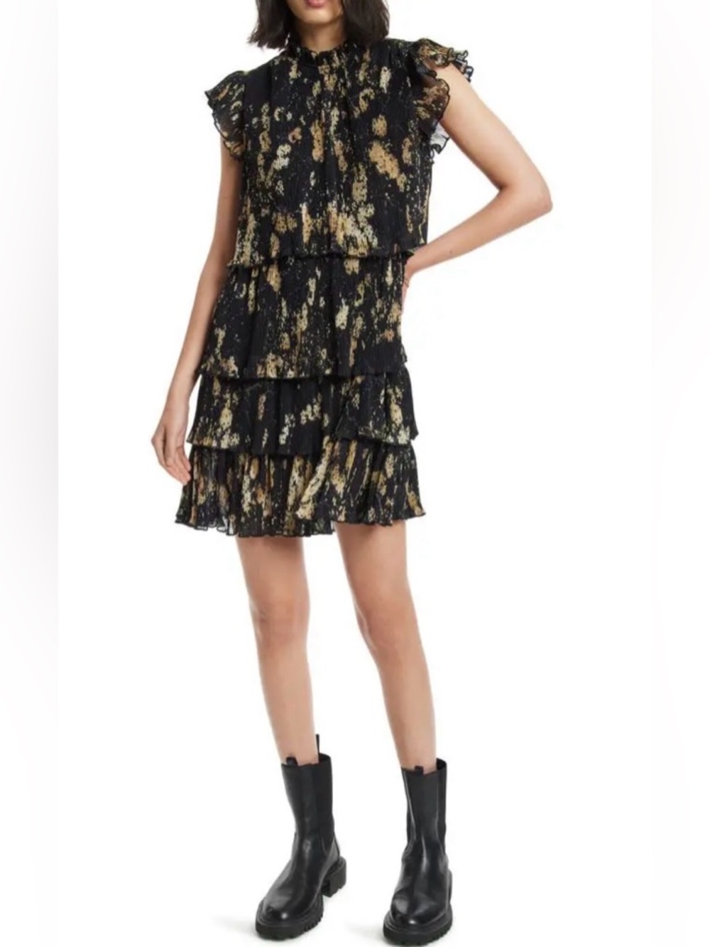 All Saints Antheia Tiered Plisse Dress Abstract Black/Gold Print Women’s size 6